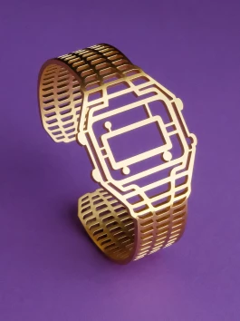 TIMEPEACE golden bracelet, minimalist vintage Casio watch-inspired timepiece jewelry from front on violet background 