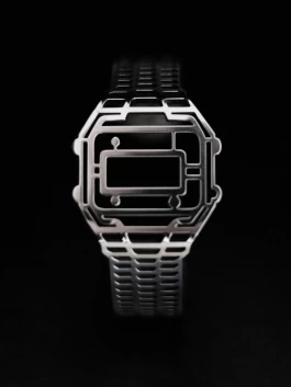 100% recycled sterling silver TIMEPEACE bracelet shown from the front, minimalist timepiece jewelry inspired by vintage digital watches on black background 