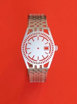 TIMEPEACE minimalist silver bracelet, watch-inspired timepiece jewelry without time, display on red background 